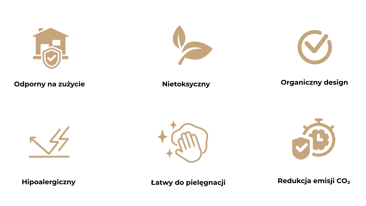 Obraz
            przedstawia sześć ikon opisujących zalety dekoracyjnego korka ściennego